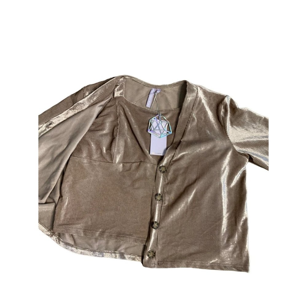 Good Luck Girl Sweater Youth Large Gold Long Sleeve Button Up Cardigan Tank Set